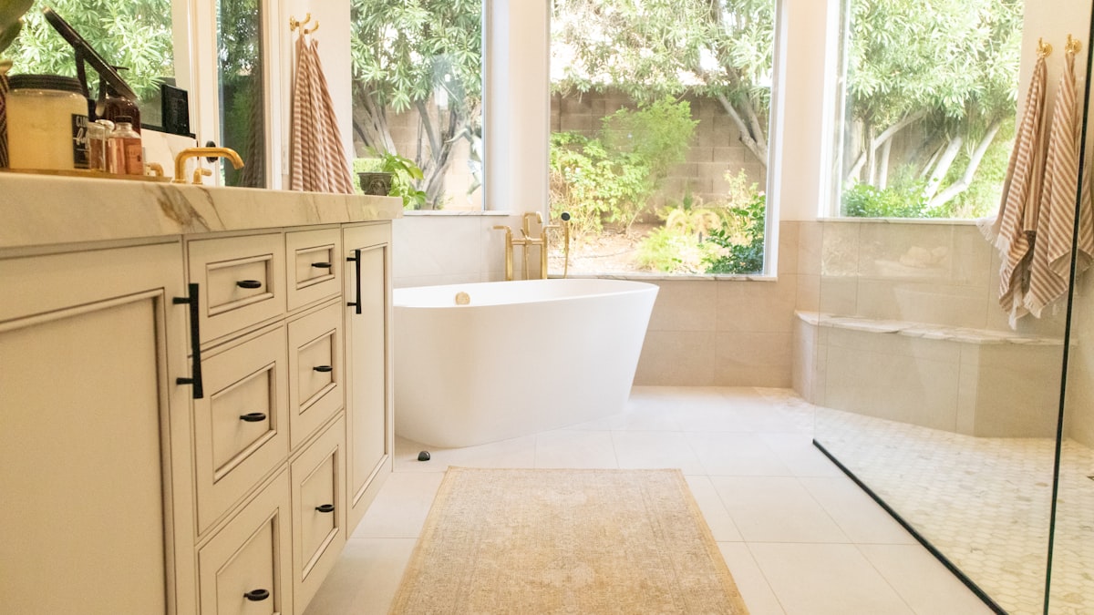 Bright bathroom with a freestanding bathtub and natural light