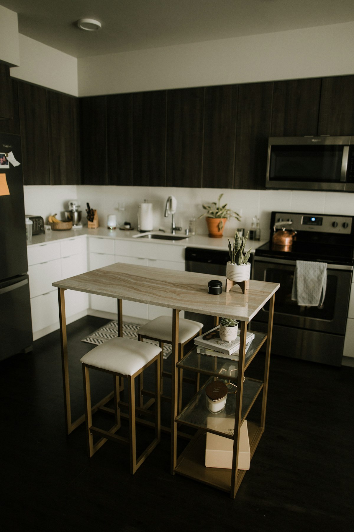Contemporary kitchen with dark wood cabinetry and a compact island